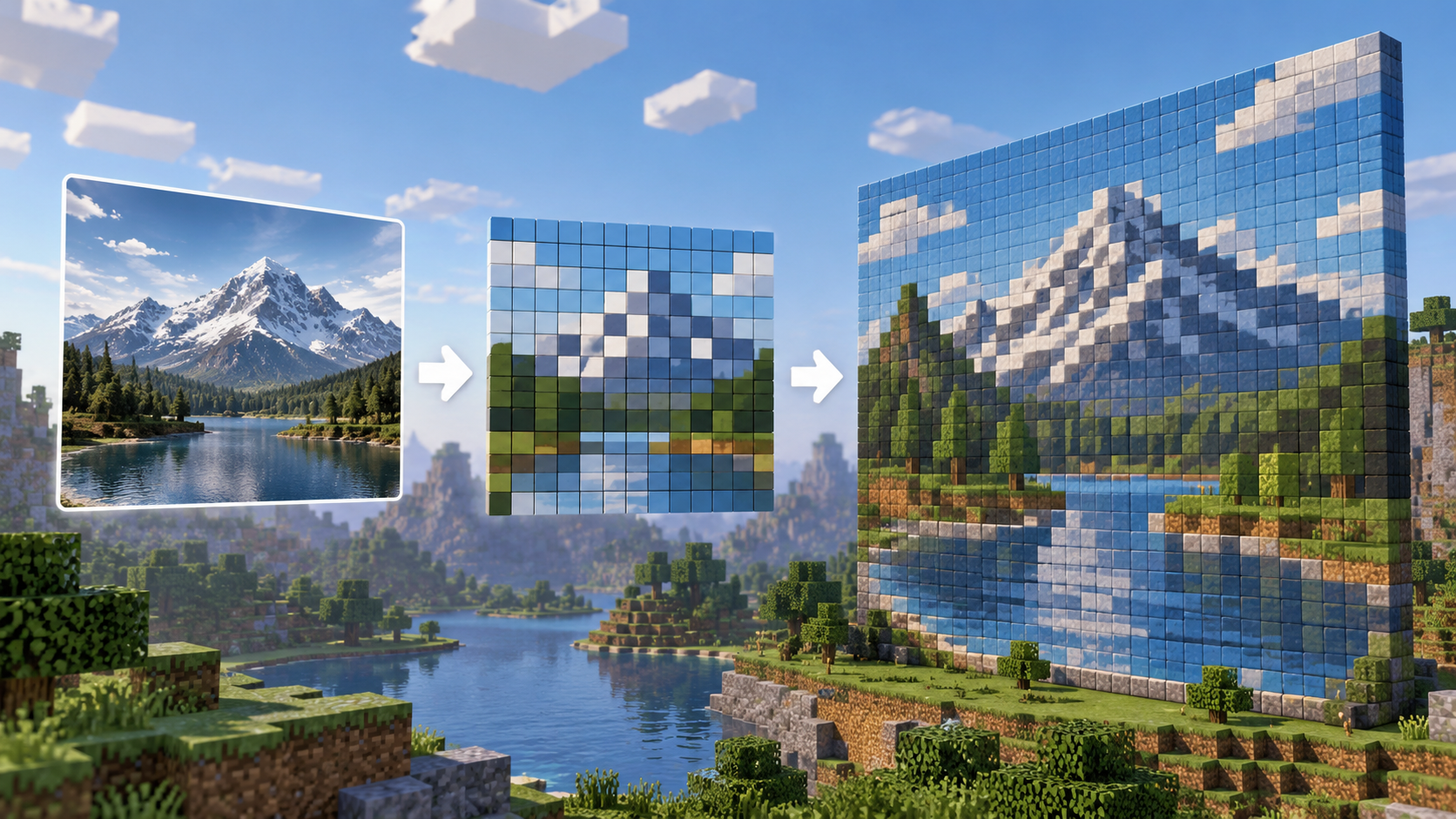 Minecraft image converter workflow from source picture to block grid and finished block mural