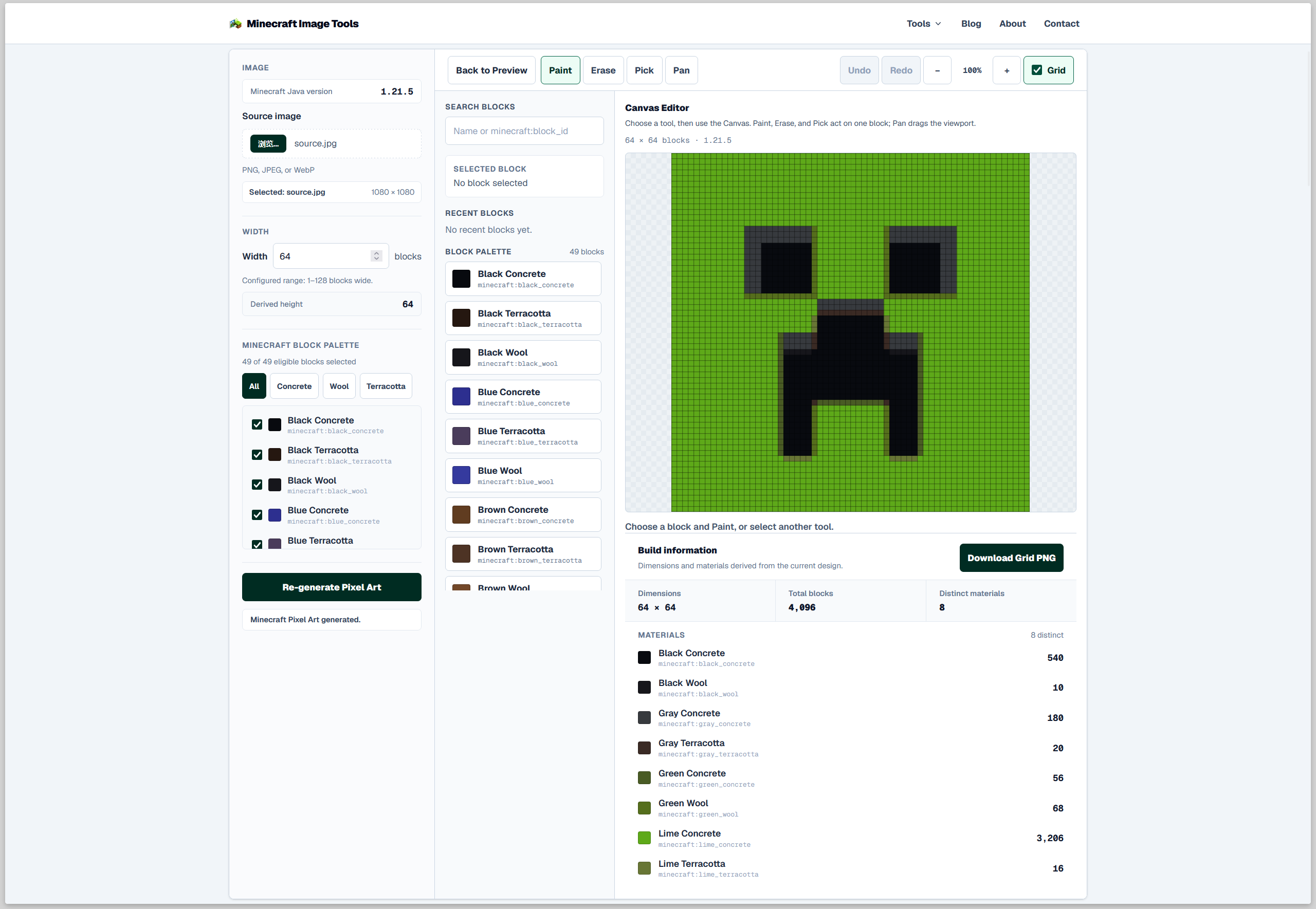 Converted block grid beside a source image and organized Minecraft-style material palette