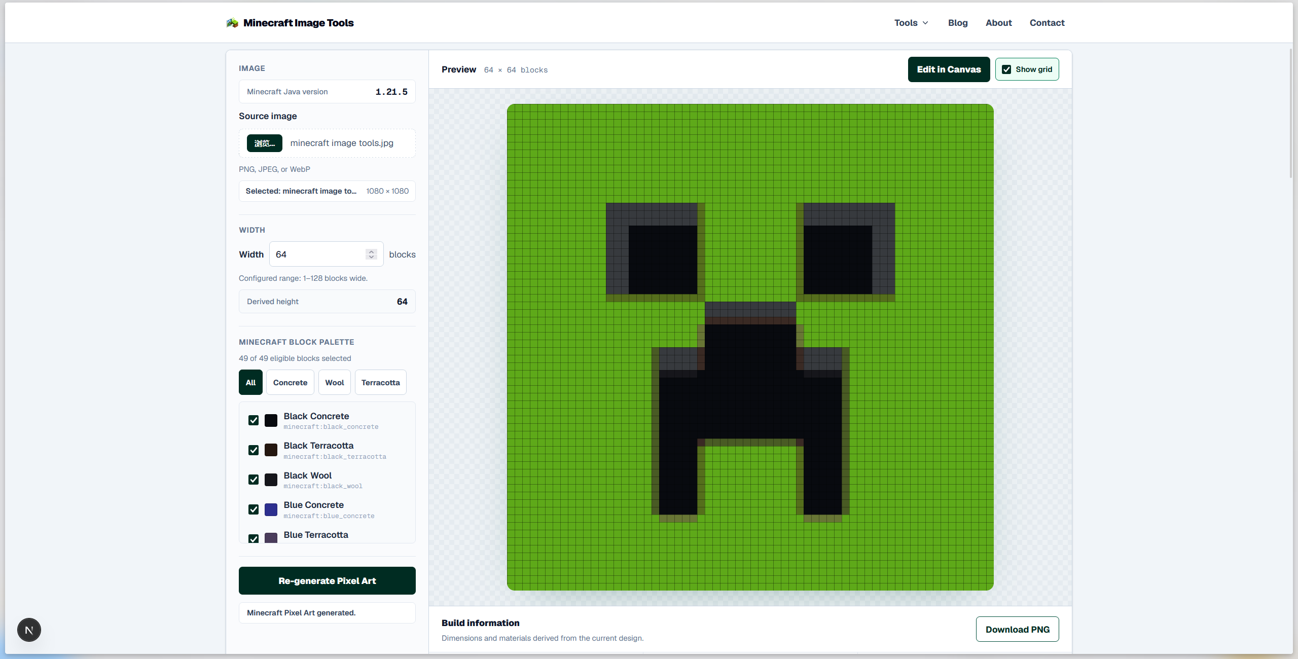Minecraft pixel art grid shown over a generated block design