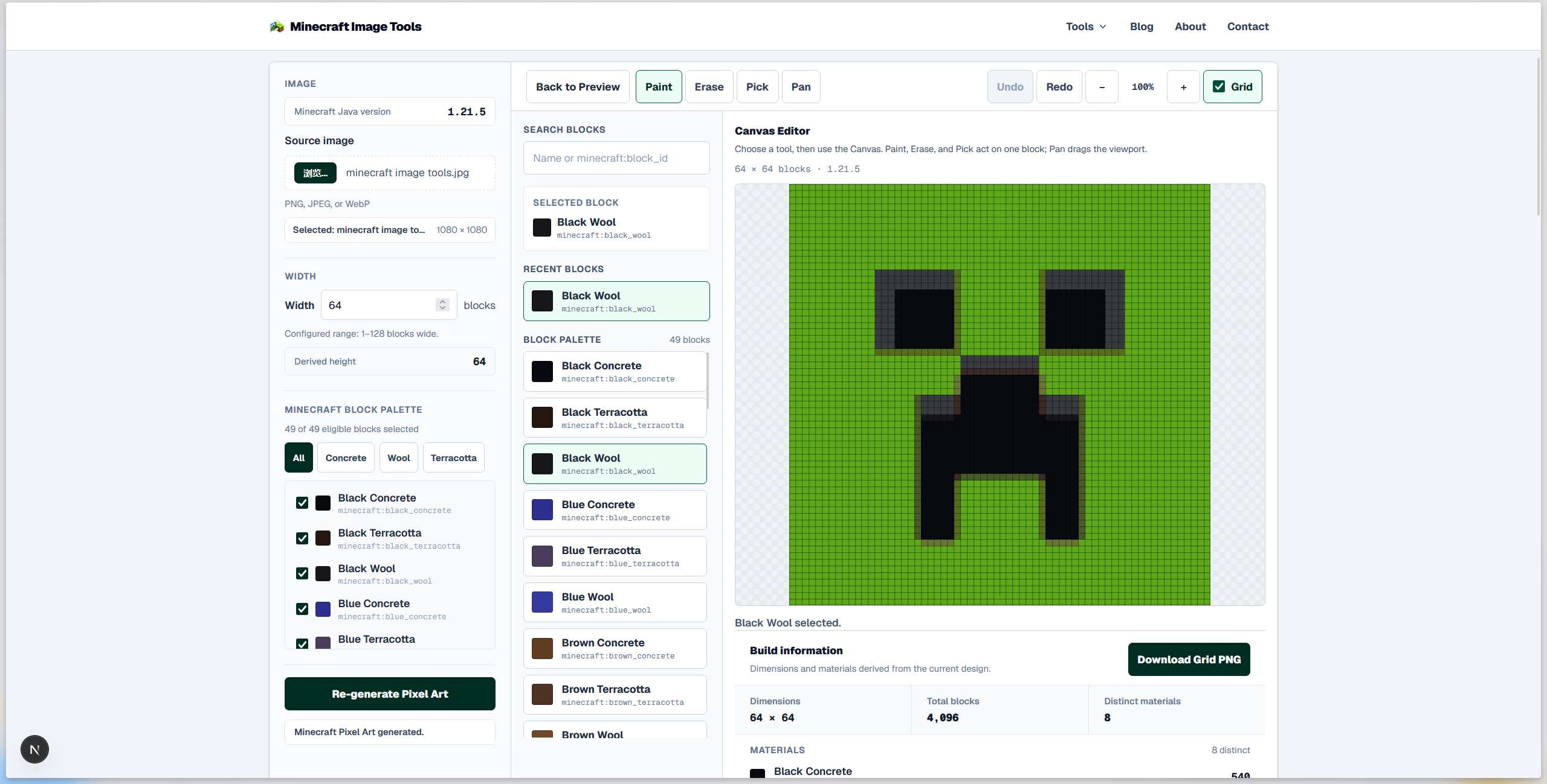 Minecraft pixel art grid in the Canvas while editing individual blocks