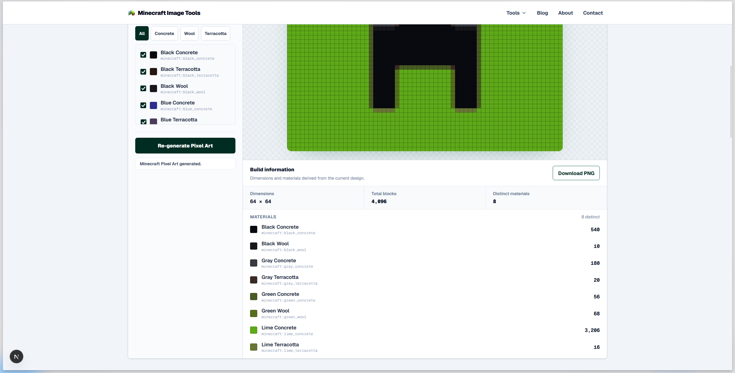 Minecraft pixel art material list beside a block mosaic prepared for building